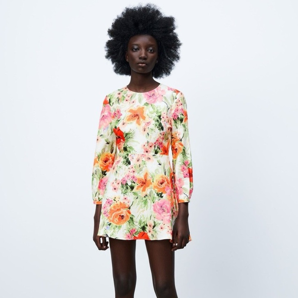 Zara Floral Long Sleeve Mini Dress in White, Pink, Orange, Green